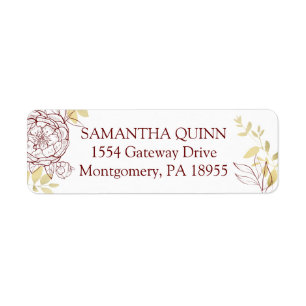 Dark Red Maroon & Gold Peony Floral Return Address Label