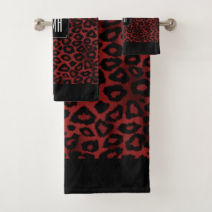 Dark Red Maroon Leopard Animal  Pattern Bath Towel Set