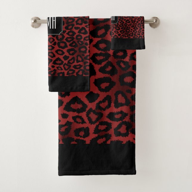 Dark Red Maroon Leopard Animal  Pattern Bath Towel Set (Insitu)