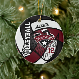 Dark Red Maroon, White and Black Logo 🏐Volleyba Ceramic Ornament