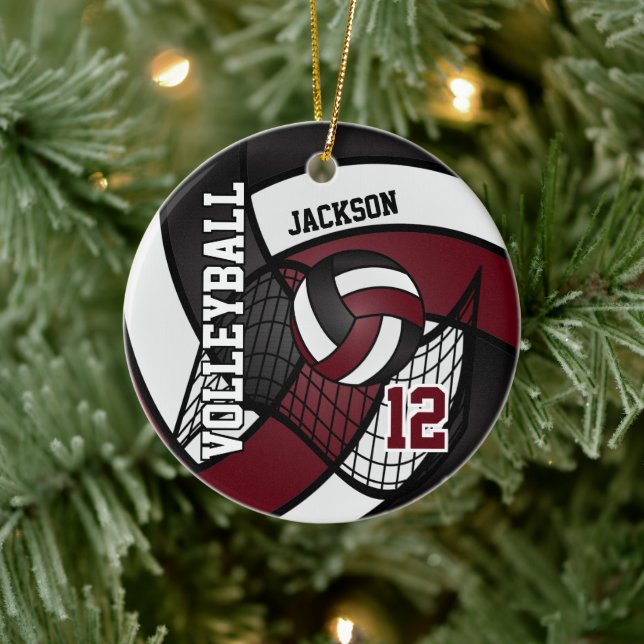 Dark Red Maroon, White and Black 🏐Volleyball Ceramic Ornament (Tree)