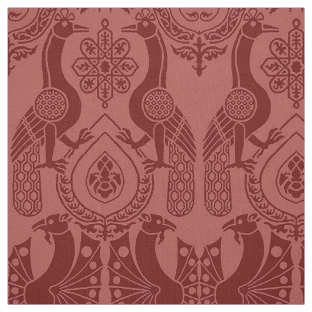 Dark Red Mediaeval Peacocks and Dragons Fabric (Swatch)