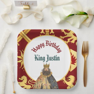 Dark Red Mediaeval Renaissance King Birthday Paper Plate