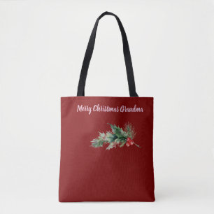 Dark Red Merry Christmas Grandma Photo Tote Bag