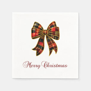 Dark Red Merry Christmas Plaid Coquette Bow Napkin