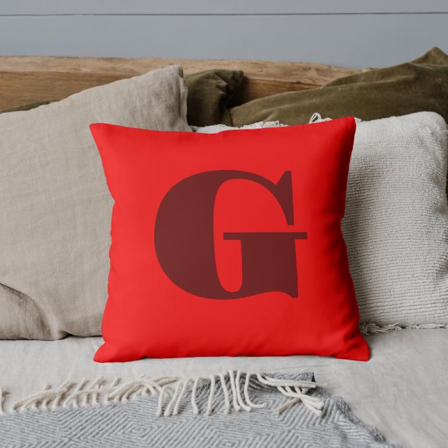 Dark Red Modern Letter Monogram | Red   Cushion (Creator Uploaded)