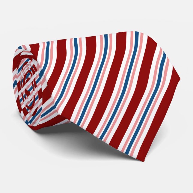 Dark Red Navy Blue Blush Pink Stripes Pattern Tie (Rolled)