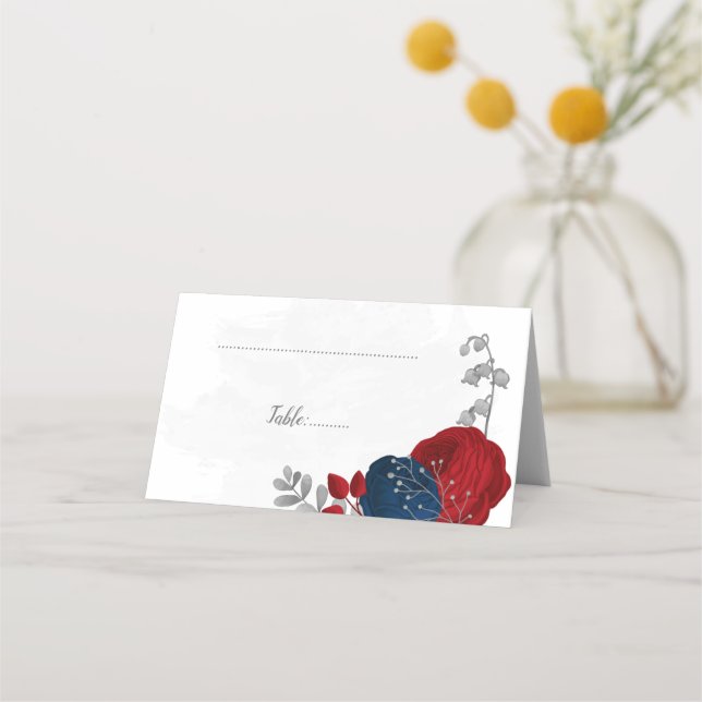 dark red & navy blue flowers botanical wedding pla place card (Front)