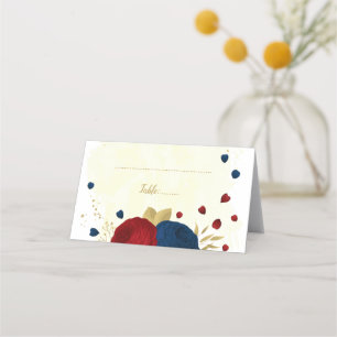 dark red navy blue flowers gold botanical wedding place card