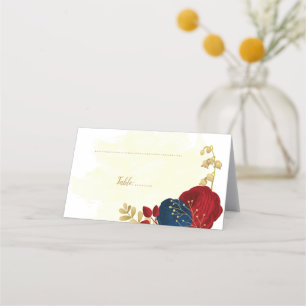 dark red navy blue flowers gold botanical wedding place card