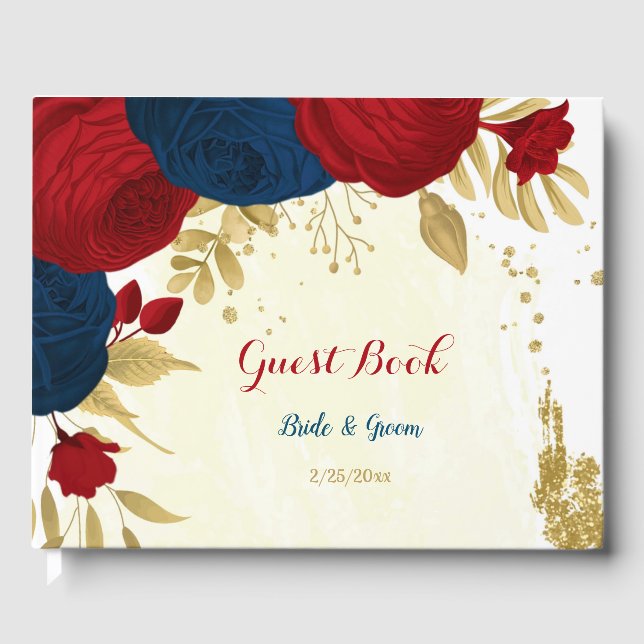 dark red & navy blue flowers gold wedding guest book (Front)