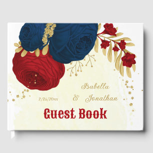 dark red & navy blue flowers gold wedding guest book