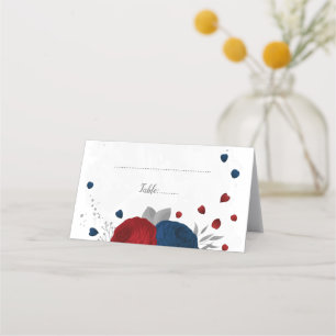 dark red & navy blue flowers silver botanical place card