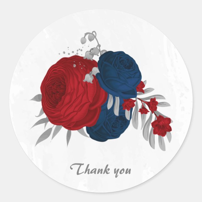 dark red & navy blue flowers silver  classic round sticker (Front)