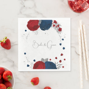dark red & navy blue flowers silver wedding napkin