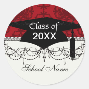 dark red on red damask two tone pattern graduation classic round sticker
