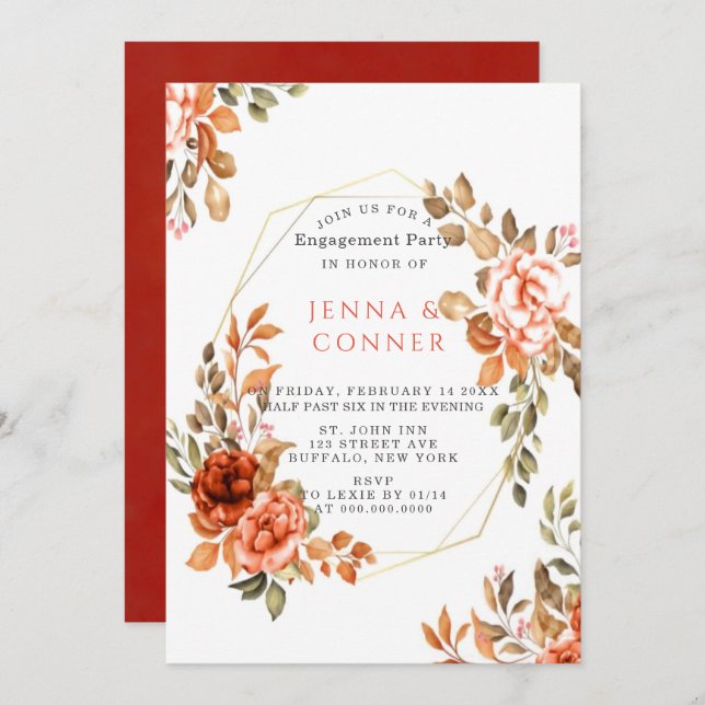 Dark Red Orange Floral Geometric Engagement Party Invitation (Front/Back)