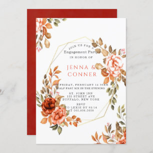 Dark Red Orange Floral Geometric Engagement Party Invitation