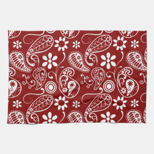 Dark Red Paisley; Floral Tea Towel