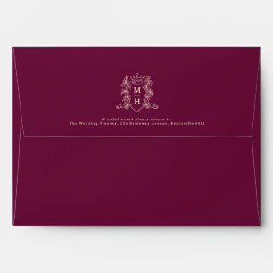 Dark red peach crest heart crown monogram wedding envelope