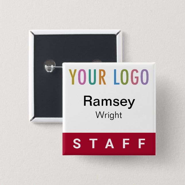 Dark Red Pinback Staff Badge with Logo Square Name (Front & Back)