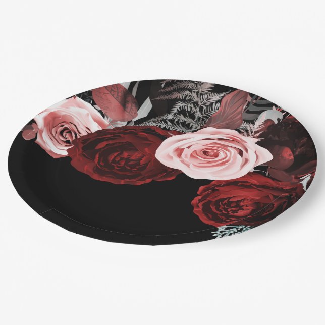 Dark Red & Pink Flowers Floral Greenery Wedding Paper Plate (Angled)