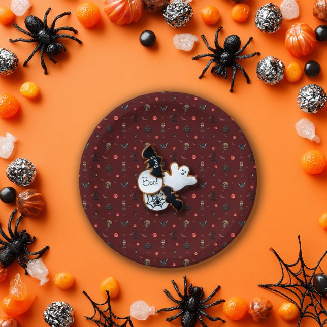 Dark Red Playful Halloween Pattern Paper Plate (Creator Uploaded)