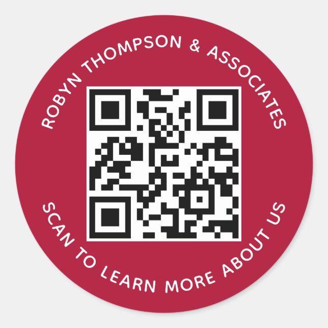 Dark Red QR Code Sticker Custom Company Name Round (Front)