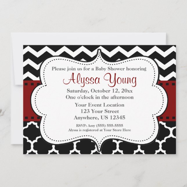 Dark Red Quatrefoil Chevron Invitation (Front)