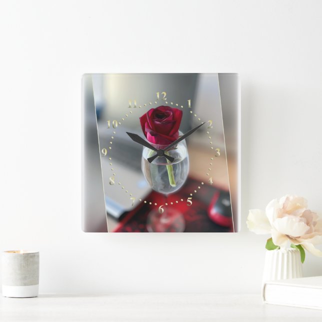 Dark red rose square wall clock (Home)