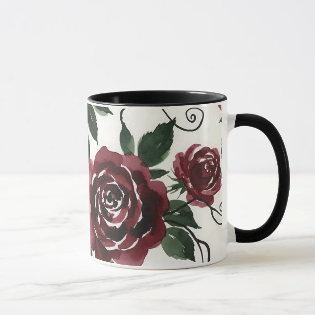 Dark Red Roses Ceramic Mug with Black Handle (Right)