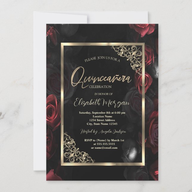 Dark Red Roses Gold Frame Black Quinceañera Invitation (Front)