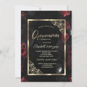 Dark Red Roses Gold Frame Black Quinceañera Invitation