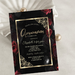 Dark Red Roses Gold Frame Black Quinceañera Invitation