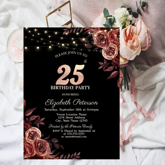  Dark Red Roses,String Lights Black 25th Birthday  Invitation (Creator Uploaded)