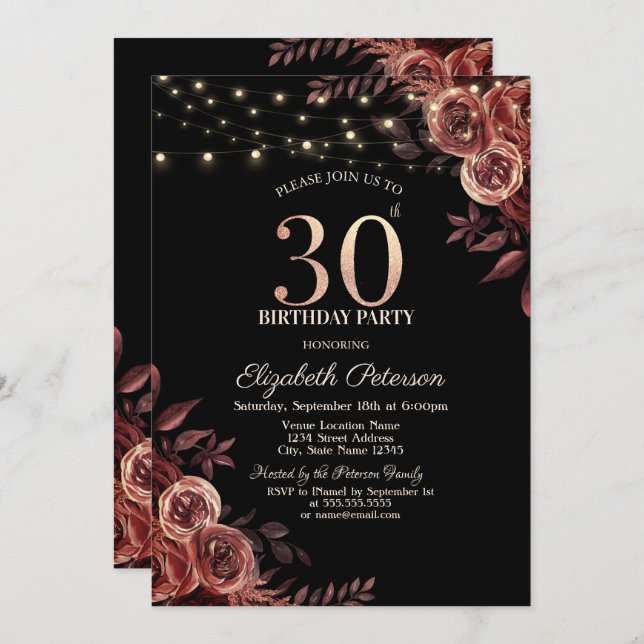  Dark Red Roses,String Lights Black 30th Birthday  Invitation (Front/Back)