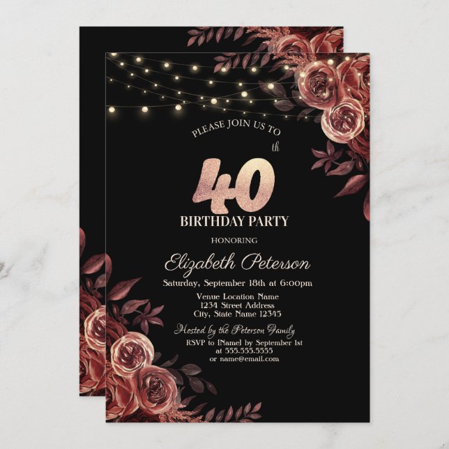  Dark Red Roses,String Lights Black 40th Birthday  Invitation (Front/Back)