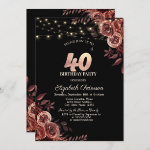  Dark Red Roses,String Lights Black 40th Birthday  Invitation
