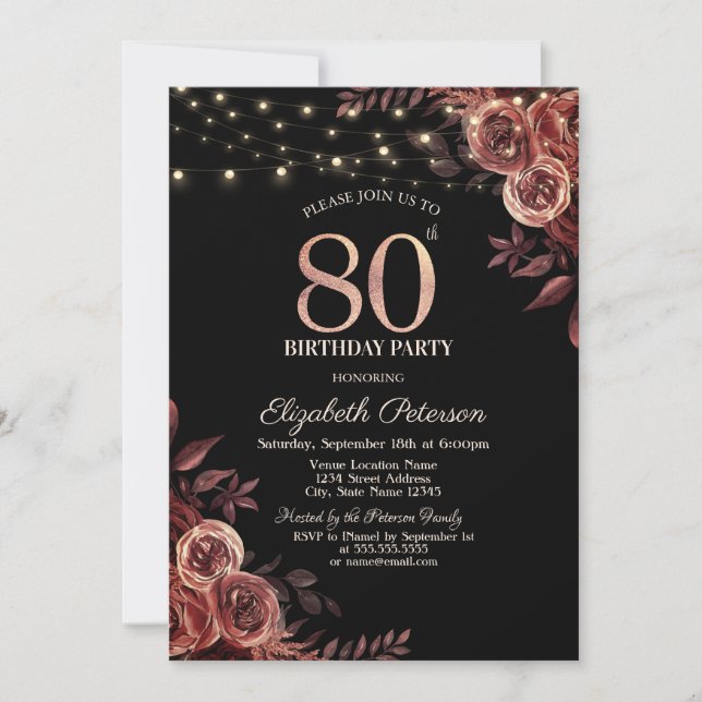  Dark Red Roses,String Lights Black 80th Birthday  Invitation (Front)