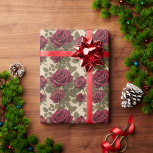 Dark Red Roses With Faded Green Leaves Wrapping Paper