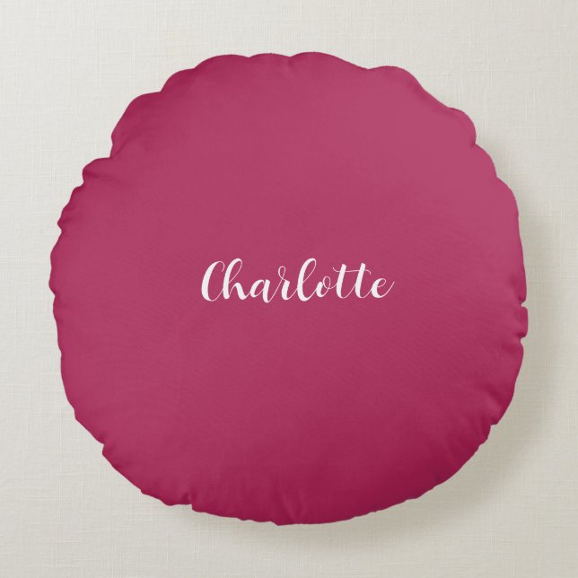 Dark Red Script Elegant Minimalist Modern Name Round Cushion (Front)