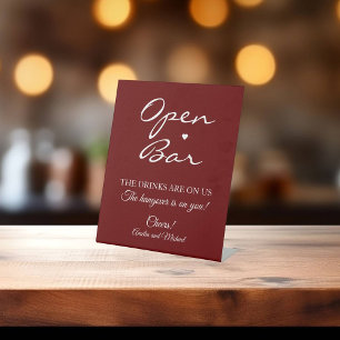 Dark Red Signature Script Open Bar Wedding Pedestal Sign