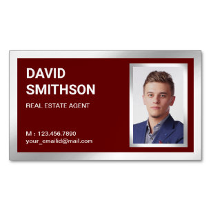 Dark Red Silver Foil Real Estate Realtor Photo Magnetic Business Card