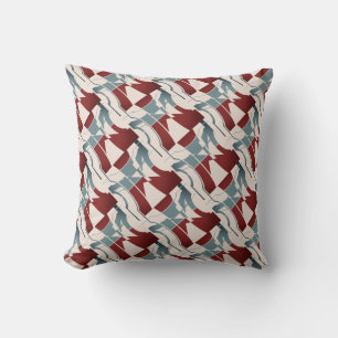Dark Red Slate Blue on Beige Curved Diagonal Print Cushion