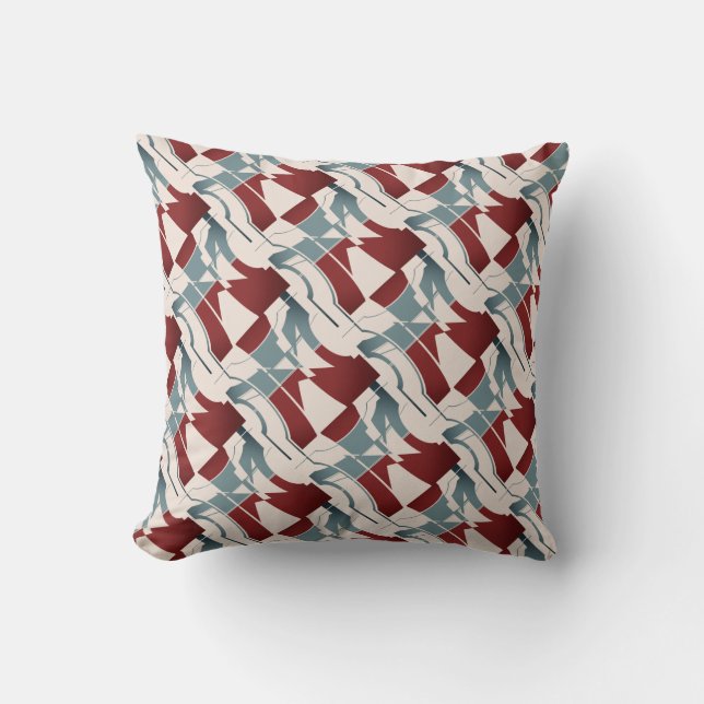 Dark Red Slate Blue on Beige Curved Diagonal Print Cushion (Front)
