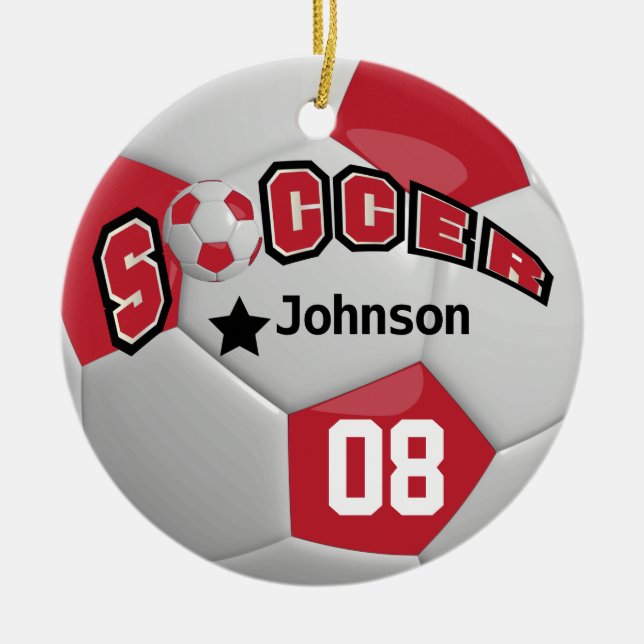 Dark Red Soccer Ball | DIY Name and Number Ceramic Ornament (Front)