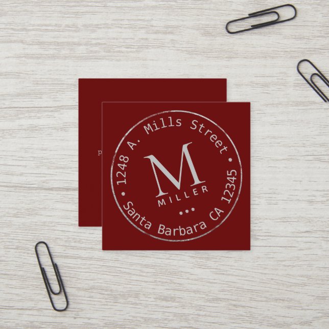 Dark-Red Square Business Card Circular Monogrammed (Front/Back In Situ)
