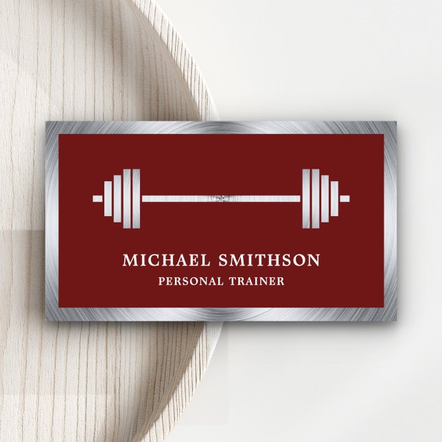 Dark Red Steel Barbell Fitness Personal Trainer Business Card (Creator Uploaded)
