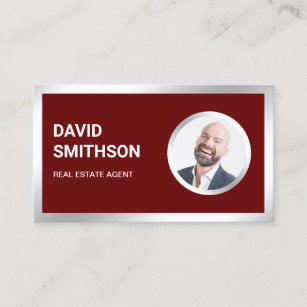 Dark Red Steel Silver Photo Real Estate Agent Business Card