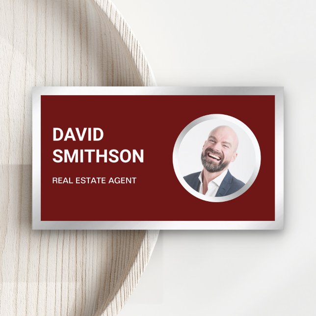 Dark Red Steel Silver Photo Real Estate Agent Business Card (Creator Uploaded)